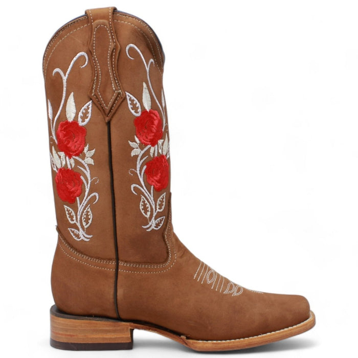 Botas de Gamuza para Dama Color Camel con Rosas Rojas - La Carreta