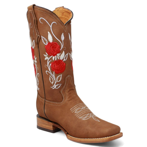 Botas de Gamuza para Dama Color Camel con Rosas Rojas - La Carreta