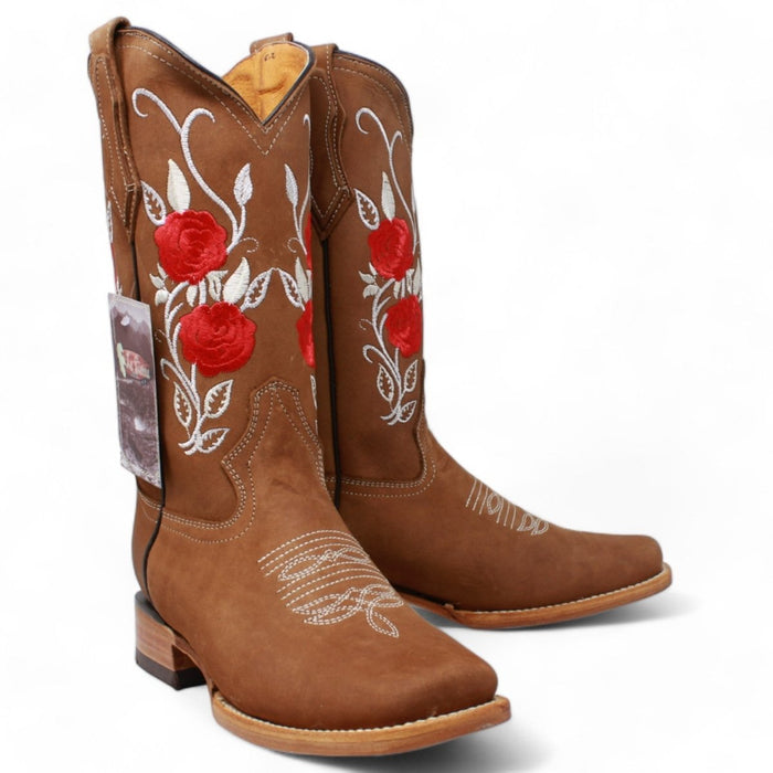 Botas de Gamuza para Dama Color Camel con Rosas Rojas - La Carreta