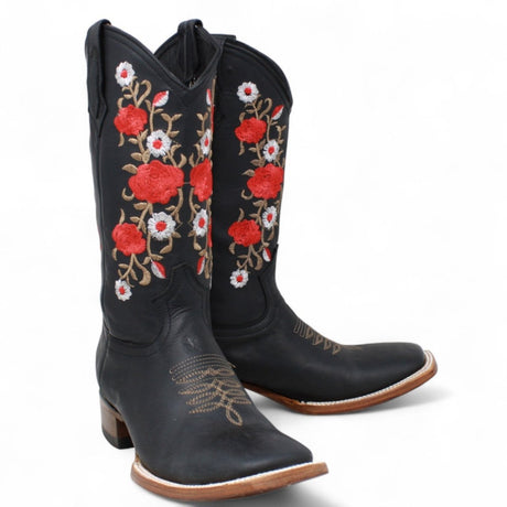 Botas de Gamuza para Dama Color Negro con Rosas Rojas LC - 103 - La Carreta