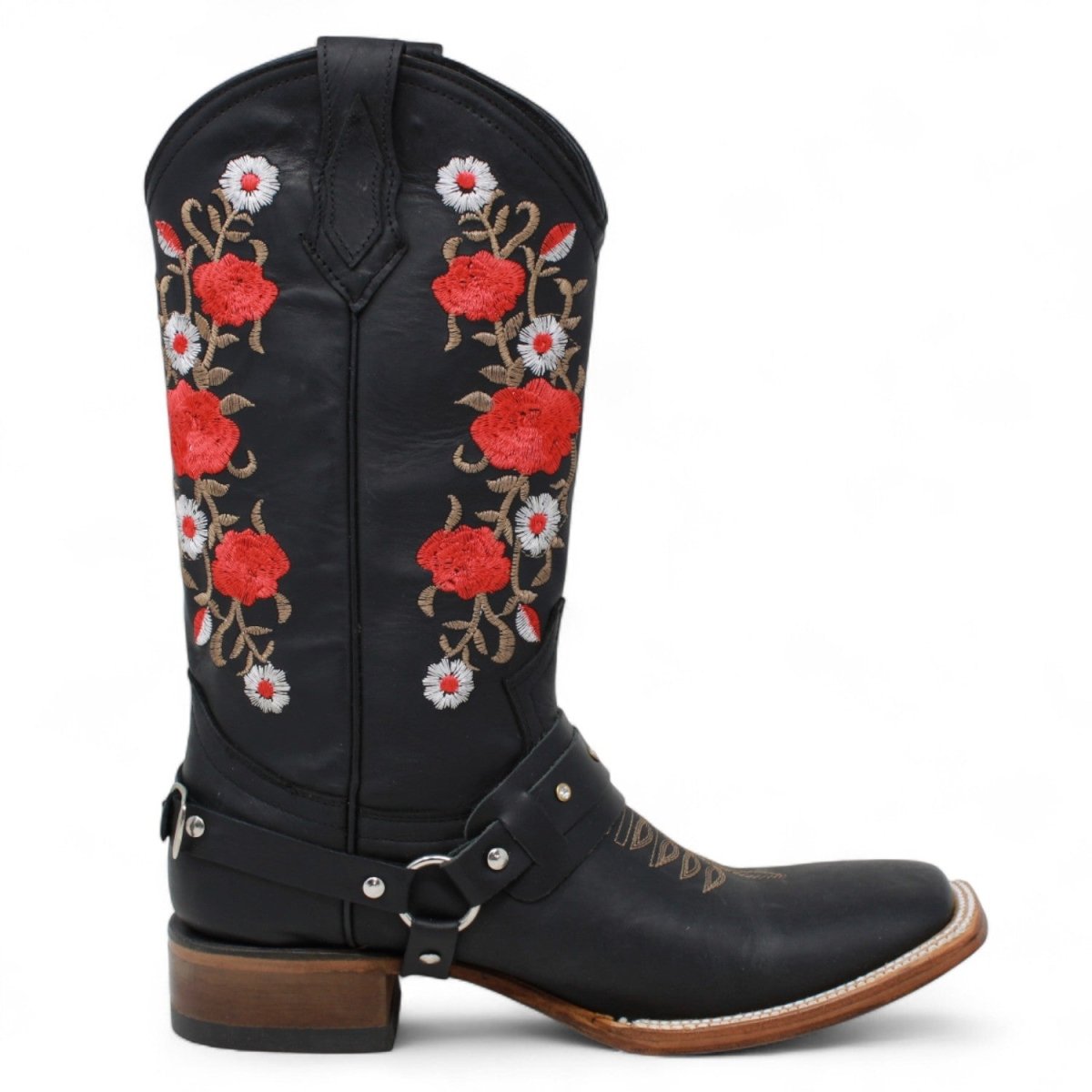 Botas de Gamuza para Dama Color Negro con Rosas Rojas LC-103