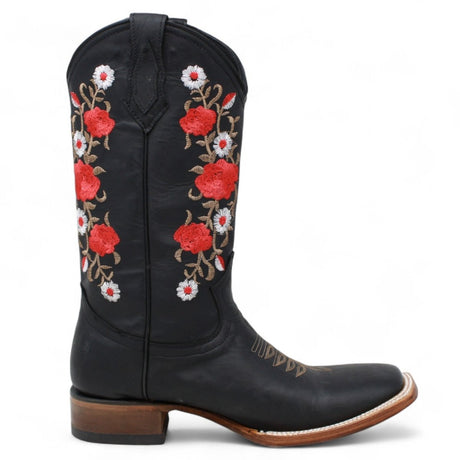 Botas de Gamuza para Dama Color Negro con Rosas Rojas LC - 103 - La Carreta