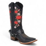 Botas de Gamuza para Dama Color Negro con Rosas Rojas LC - 103 - La Carreta