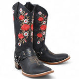 Botas de Gamuza para Dama Color Negro con Rosas Rojas LC - 103 - La Carreta
