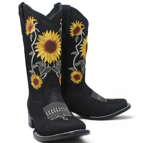 Botas de Gamuza para Dama Negra con Girasoles –