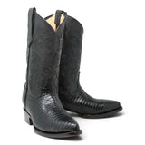 La Carreta Men's Pointed Toe Lizard Print Leather Western Boots - Black - Pair Side View 