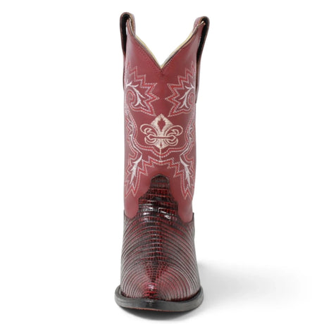 La Carreta Men's Pointed Toe Lizard Print Leather Western Boots - Burgundy - Front View