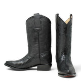 La Carreta Men's Pointed Toe Lizard Print Leather Western Boots - Black - Side/Front View