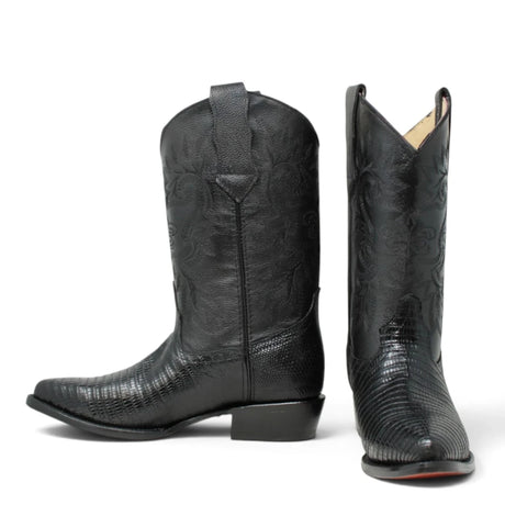 La Carreta Men's Pointed Toe Lizard Print Leather Western Boots - Black - Side/Front View