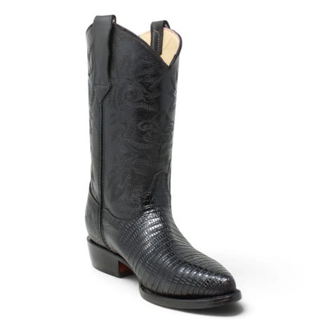La Carreta Men's Pointed Toe Lizard Print Leather Western Boots - Black - Side View