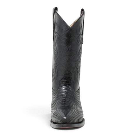 La Carreta Men's Pointed Toe Lizard Print Leather Western Boots - Black - Front View