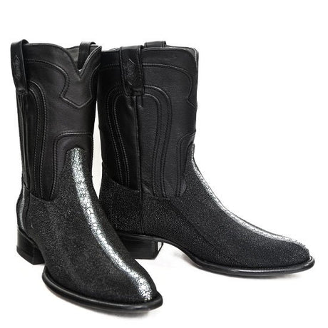 Western Genuine  Stingray Full Pearl Round Toe Roper Boots Black Color - Los Altos Boots - PairView