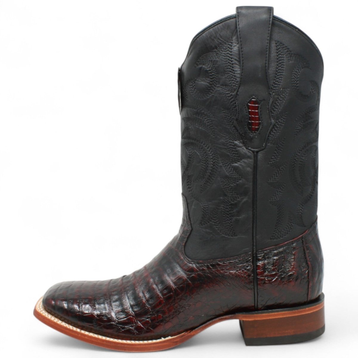 Botas de Panza de Caiman Original Punta Rodeo Cuadrada Ancha Color Negro Rojizo - Los Altos Boots - Los Altos Boots