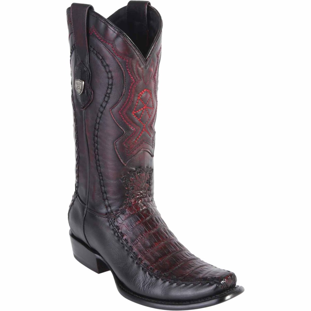Botas de Panza de Caiman y Venado Original Punta Dubai Cuadrada Color Negro Rojizo - Wild West Boots - Wild West Boots