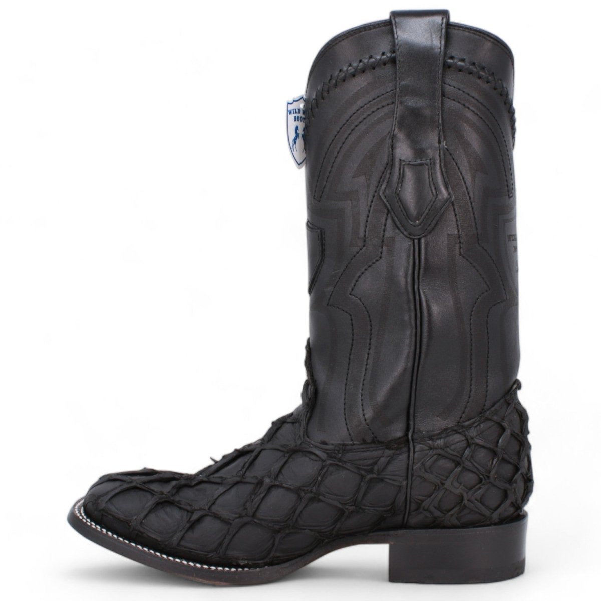 Botas de Pescado Pirarucu Original Punta Cuadrada Ancha Color Negro Mate - Wild West Boots - Wild West Boots