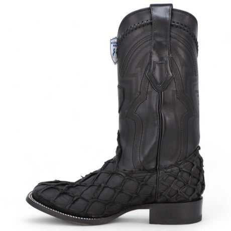 Botas de Pescado Pirarucu Original Punta Cuadrada Ancha Color Negro Mate - Wild West Boots - Wild West Boots