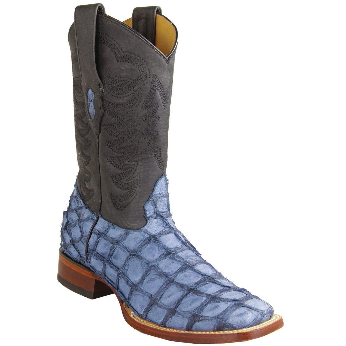 Original Pirarucu Fish Boots Wide Square Rodeo Toe Blue Denim Color