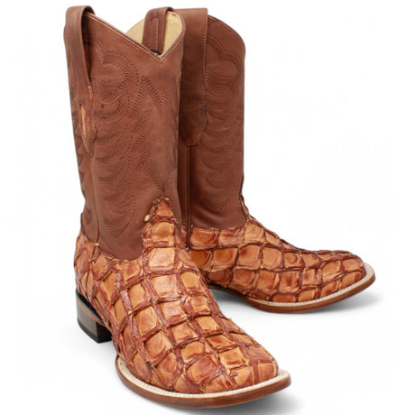 Botas de Pescado Pirarucu Original Punta Rodeo Cuadrada Ancha Color Cognac - Los Altos Boots - Los Altos Boots
