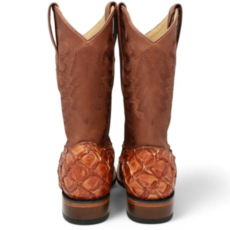 Botas de Pescado Pirarucu Original Punta Rodeo Cuadrada Ancha Color Cognac - Los Altos Boots - Los Altos Boots