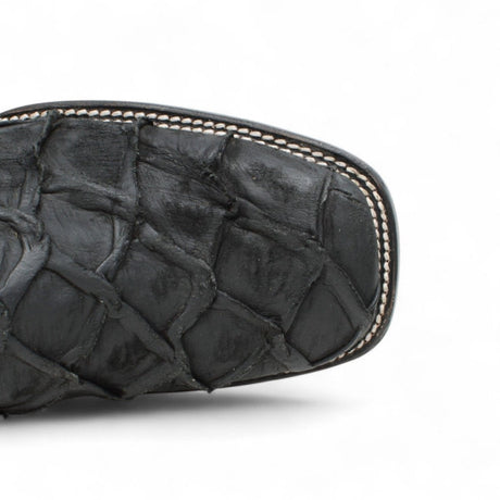 Botas de Piel Grabado Pez Pirarucu Punta Cuadrada Color Negro - Hooch Boots - Hooch