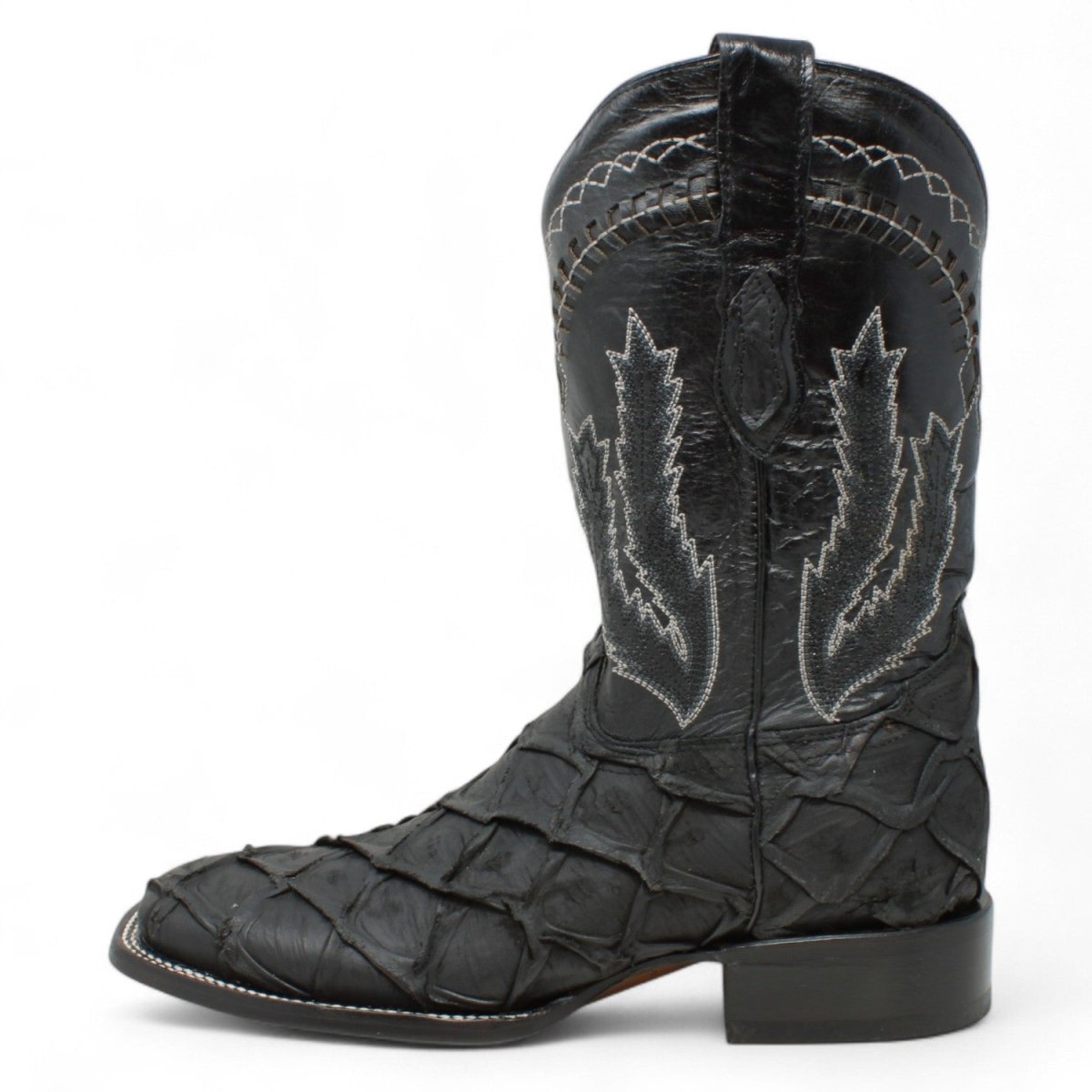 Botas de Piel Grabado Pez Pirarucu Punta Cuadrada Color Negro - Hooch Boots - Hooch