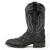 Botas de Piel Grabado Pez Pirarucu Punta Cuadrada Color Negro - Hooch Boots - Hooch