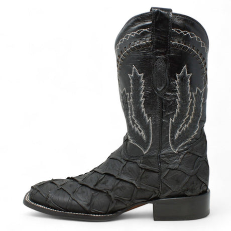 Botas de Piel Grabado Pez Pirarucu Punta Cuadrada Color Negro - Hooch Boots - Hooch