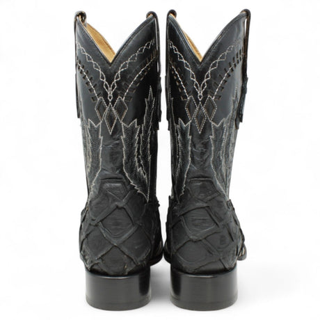 Botas de Piel Grabado Pez Pirarucu Punta Cuadrada Color Negro - Hooch Boots - Hooch