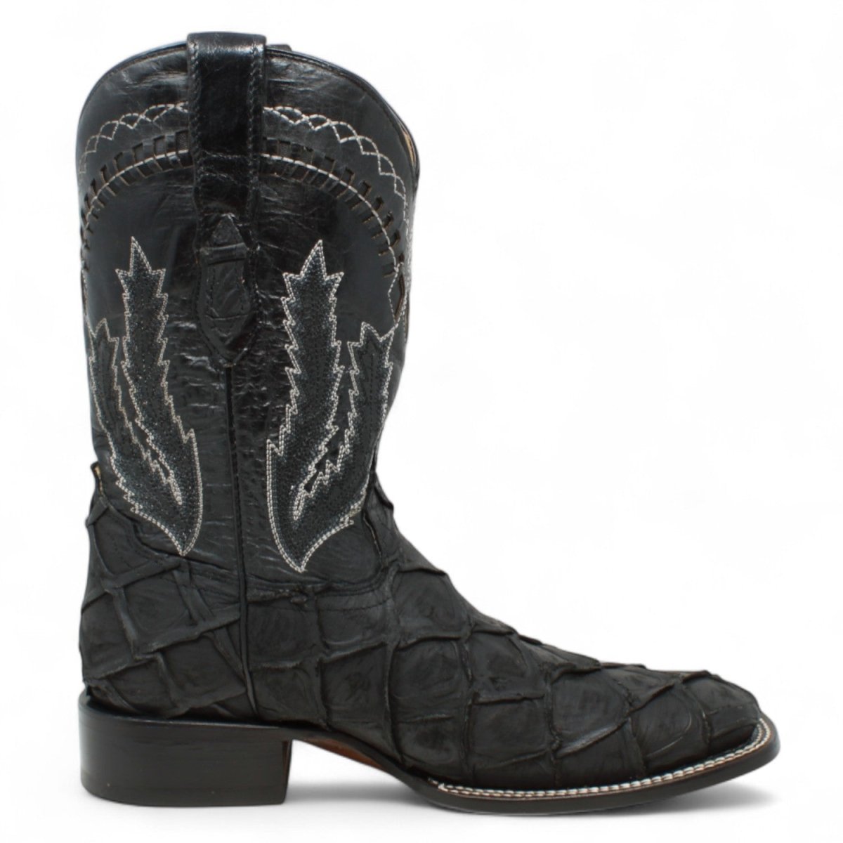 Botas de Piel Grabado Pez Pirarucu Punta Cuadrada Color Negro - Hooch Boots - Hooch