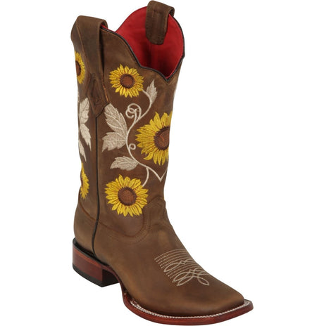 Botas de Piel Original Bordada en Punta Amplia Cuadrada para Dama Color Tan - Los Altos Boots - Los Altos Boots
