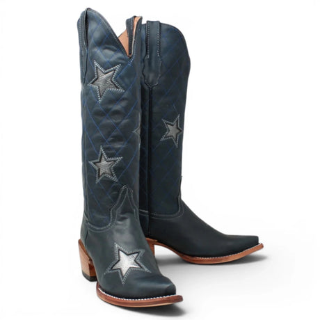 Botas de Piel Original con Aplicación Tri-Star Punta Recortada Para Dama Color Azul Savage - Tanner Mark Boots - Tanner Mark Boots
