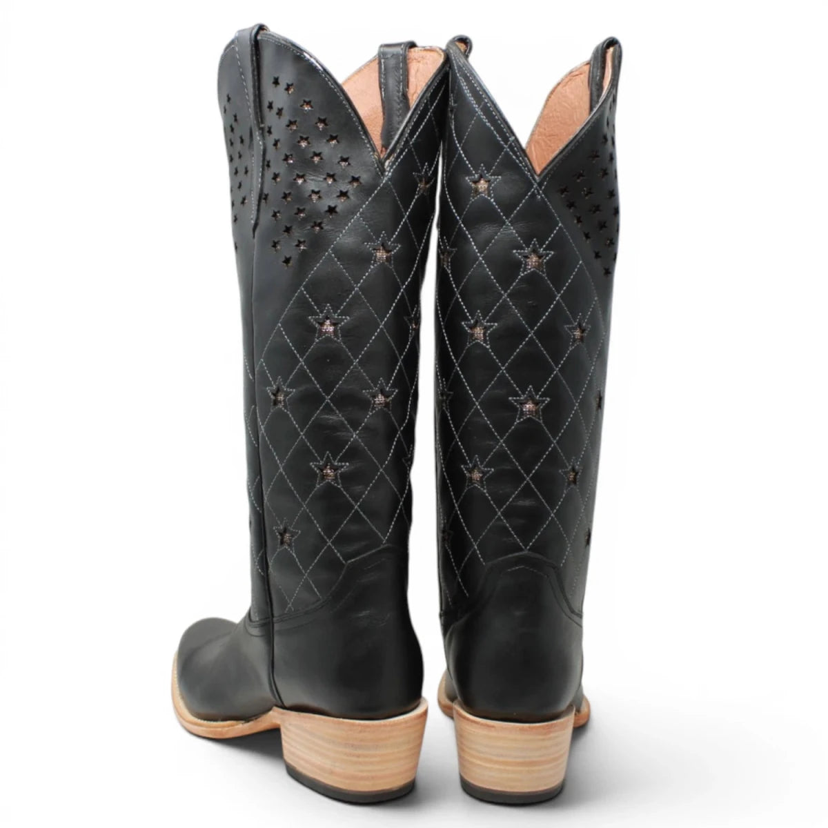 Botas de Piel Original con Diseño de Rombos y Estrellas Punta Cuadrada Para Dama Color Negro - Tanner Mark Boots - Tanner Mark Boots