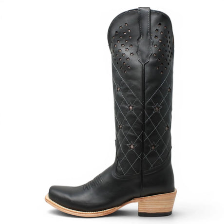 Botas de Piel Original con Diseño de Rombos y Estrellas Punta Cuadrada Para Dama Color Negro - Tanner Mark Boots - Tanner Mark Boots