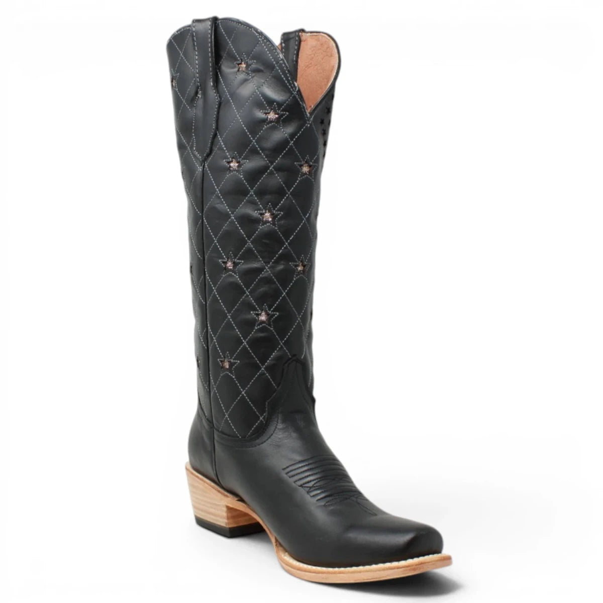 Botas de Piel Original con Diseño de Rombos y Estrellas Punta Cuadrada Para Dama Color Negro - Tanner Mark Boots - Tanner Mark Boots
