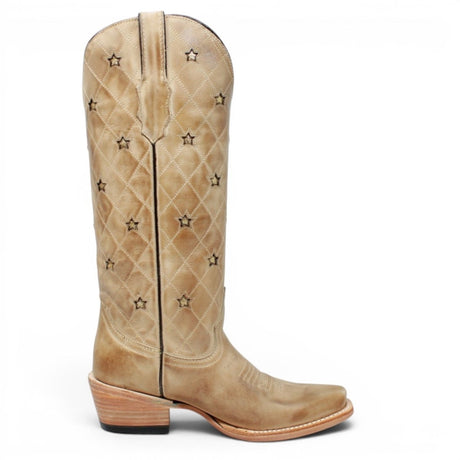 Botas de Piel Original con Diseño de Rombos y Estrellas Punta Recortada Para Dama Color Arena - Tanner Mark Boots - Tanner Mark Boots