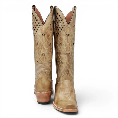 Botas de Piel Original con Diseño de Rombos y Estrellas Punta Recortada Para Dama Color Arena - Tanner Mark Boots - Tanner Mark Boots