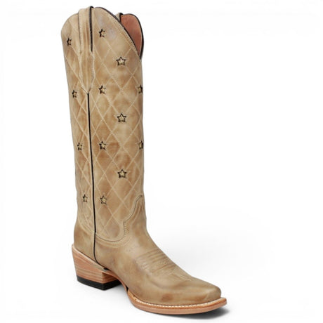 Botas de Piel Original con Diseño de Rombos y Estrellas Punta Recortada Para Dama Color Arena - Tanner Mark Boots - Tanner Mark Boots