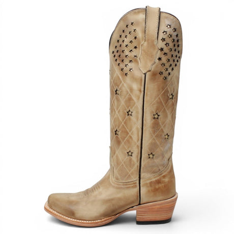Botas de Piel Original con Diseño de Rombos y Estrellas Punta Recortada Para Dama Color Arena - Tanner Mark Boots - Tanner Mark Boots