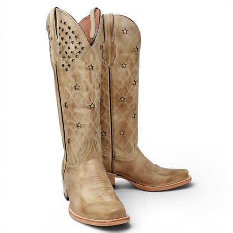 Botas de Piel Original con Diseño de Rombos y Estrellas Punta Recortada Para Dama Color Arena - Tanner Mark Boots - Tanner Mark Boots
