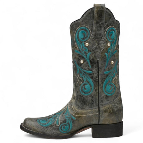 Botas de Piel Original Punta Cuadrada Color Gris y Turquesa - Ive West - Rudel & Co.