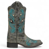 Botas de Piel Original Punta Cuadrada Color Gris y Turquesa - Ive West - Rudel & Co.