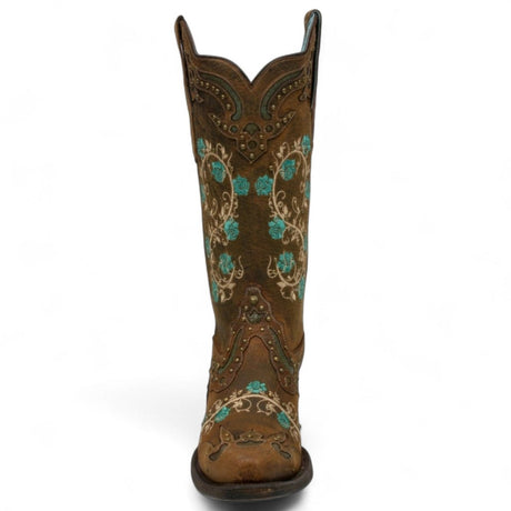 Botas de Piel Original Punta Recortada Color Cafe con Flores Turquesa - Ive West - Rudel & Co.
