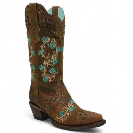 Botas de Piel Original Punta Recortada Color Cafe con Flores Turquesa - Ive West - Rudel & Co.