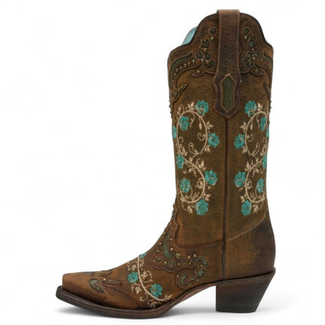 Botas de Piel Original Punta Recortada Color Cafe con Flores Turquesa - Ive West - Rudel & Co.