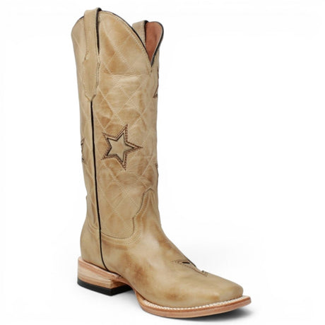 Botas de Piel Pulida con Diseño Tri-Star Punta Cuadrada Para Dama Color Arena - Tanner Mark Boots - Tanner Mark Boots