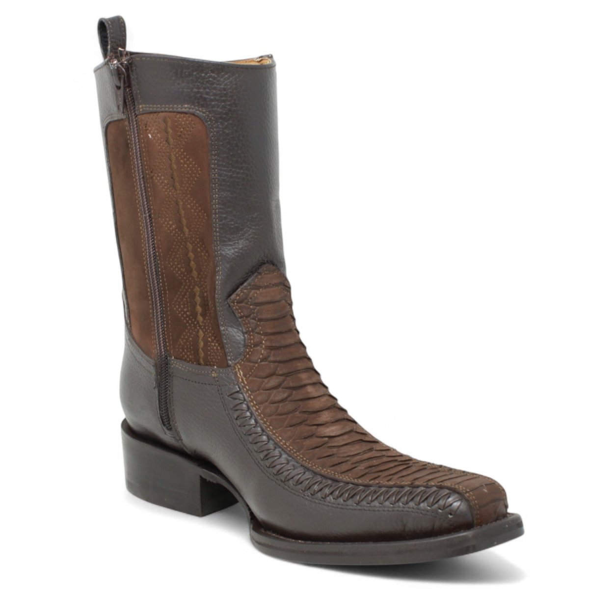 Piton Dura組イタリアンスチール　フラットバーロード　おまけ有 Leather Boots Square Toe Engraved Python Nobuck Color Brown with Zippe