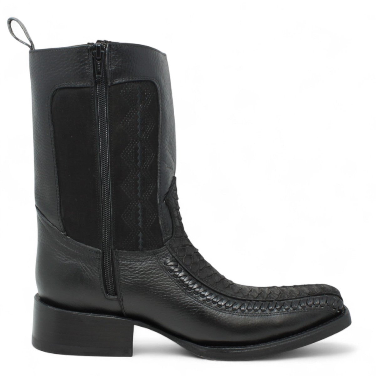 Leather Boots Square Toe Engraved Python Nobuck Color Brown with Zippe