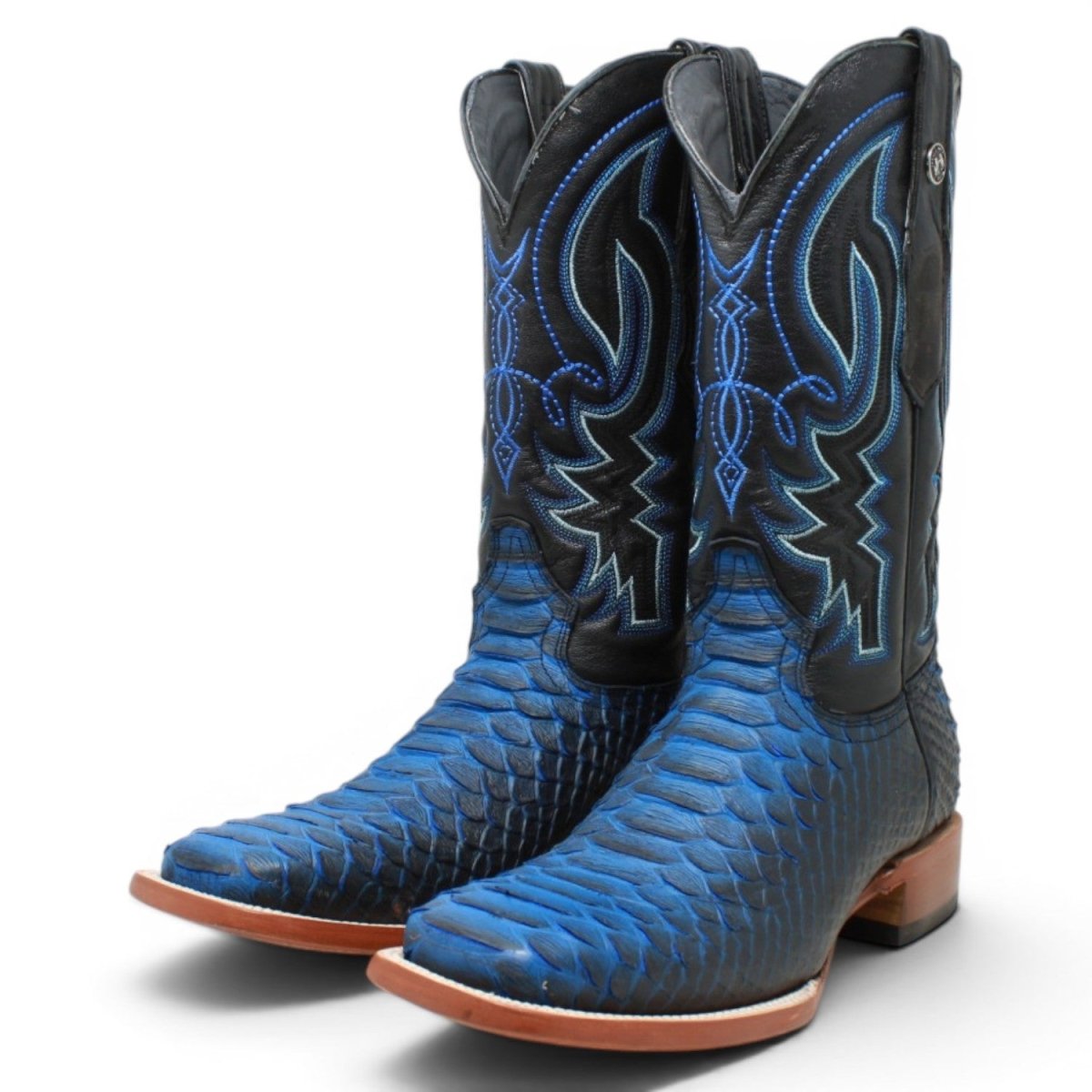 Botas de Piton Grabado Punta Cuadrada Color Negro y Azul - Tanner Mark Boots - Tanner Mark Boots