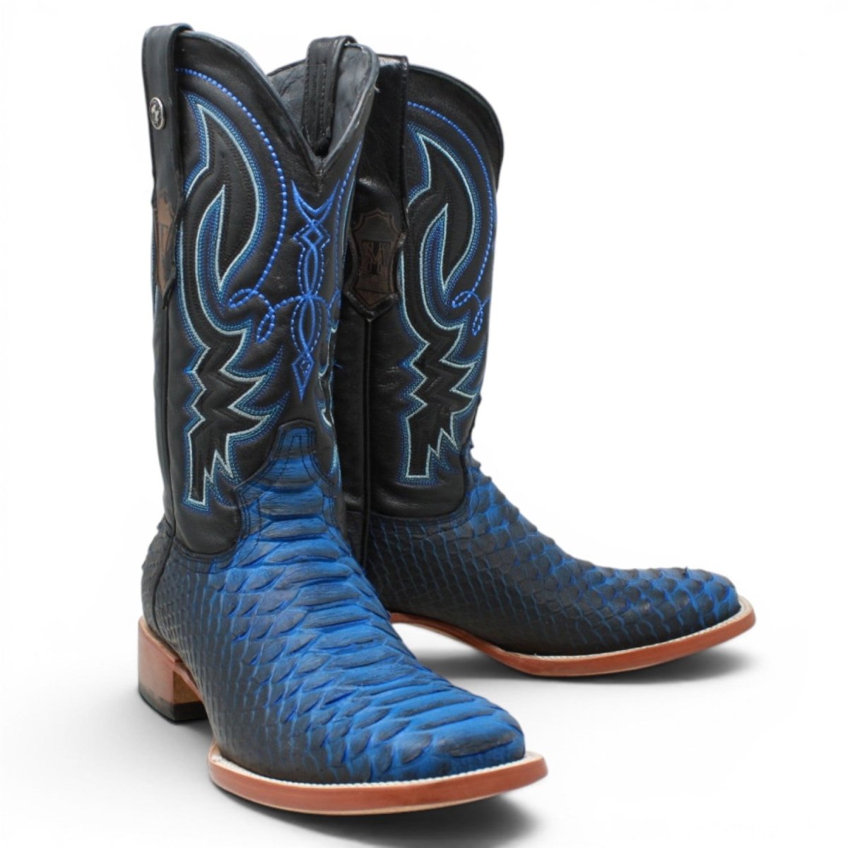 Botas de Piton Grabado Punta Cuadrada Color Negro y Azul - Tanner Mark Boots - Tanner Mark Boots