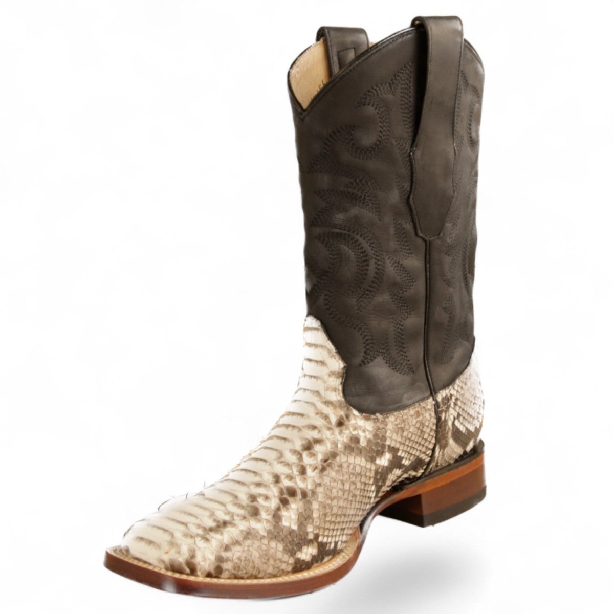 Botas de Piton Original Punta Rodeo Cuadrada Ancha Color Natural Gamuza - Los Altos Boots - Los Altos Boots